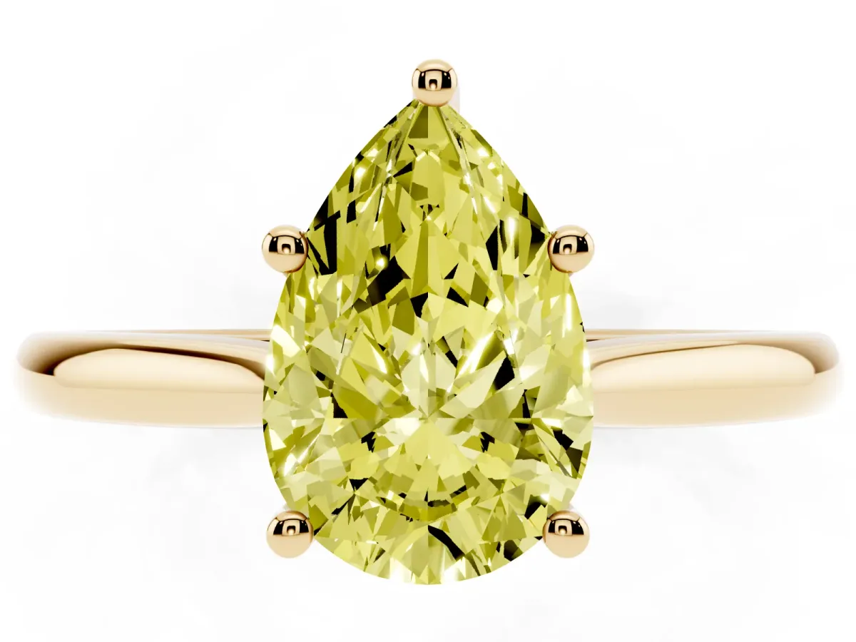 Fancy Yellow Pear Cut Cut Solitaire Ring with Cathedral Band and Four-Prong Setting Yellow gold