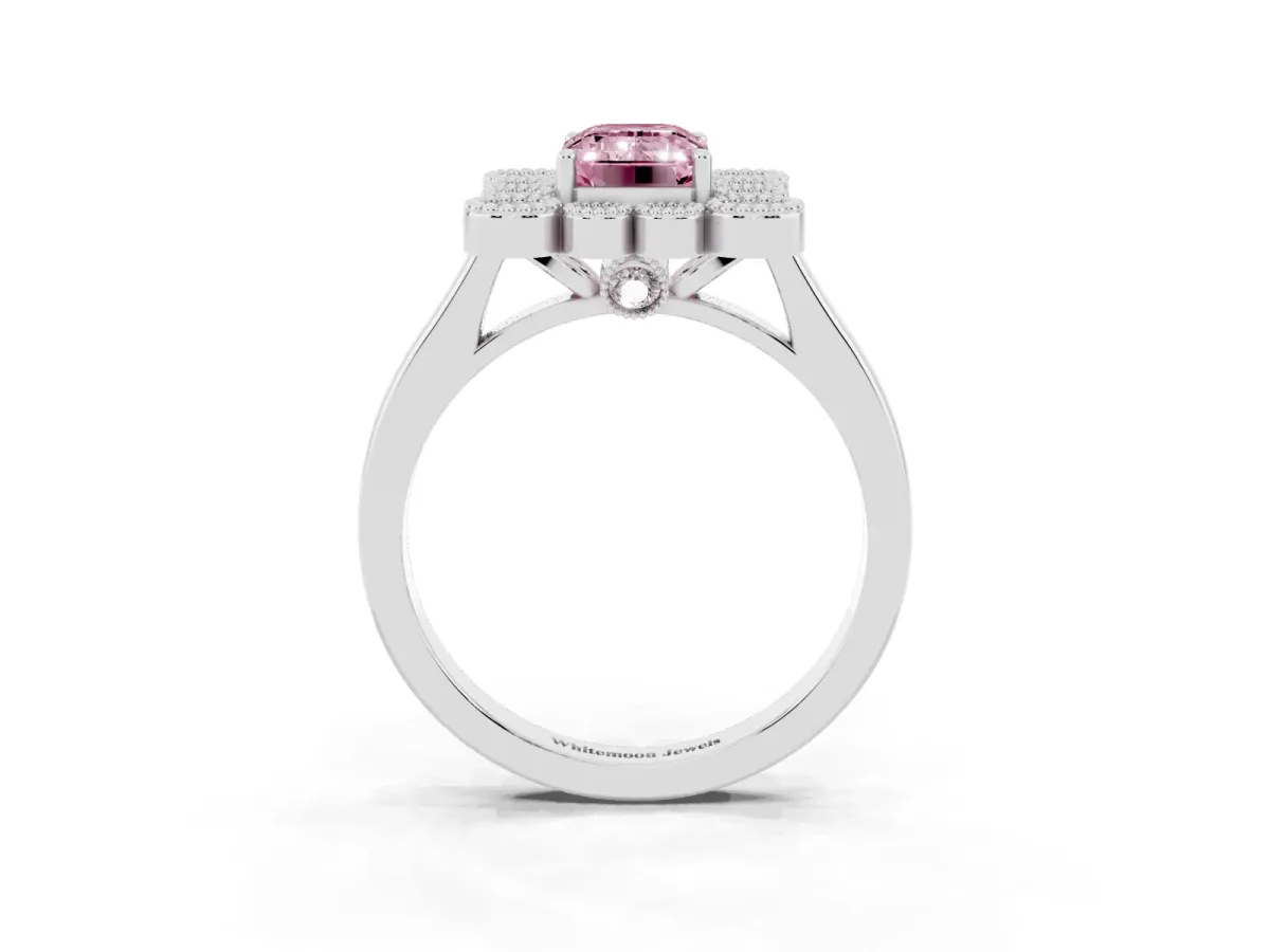 Fancy Pink Emerald Cut Halo Diamond Cluster Engagement Ring with Milgrain Bezel Setting and Solitaire Band Platinum