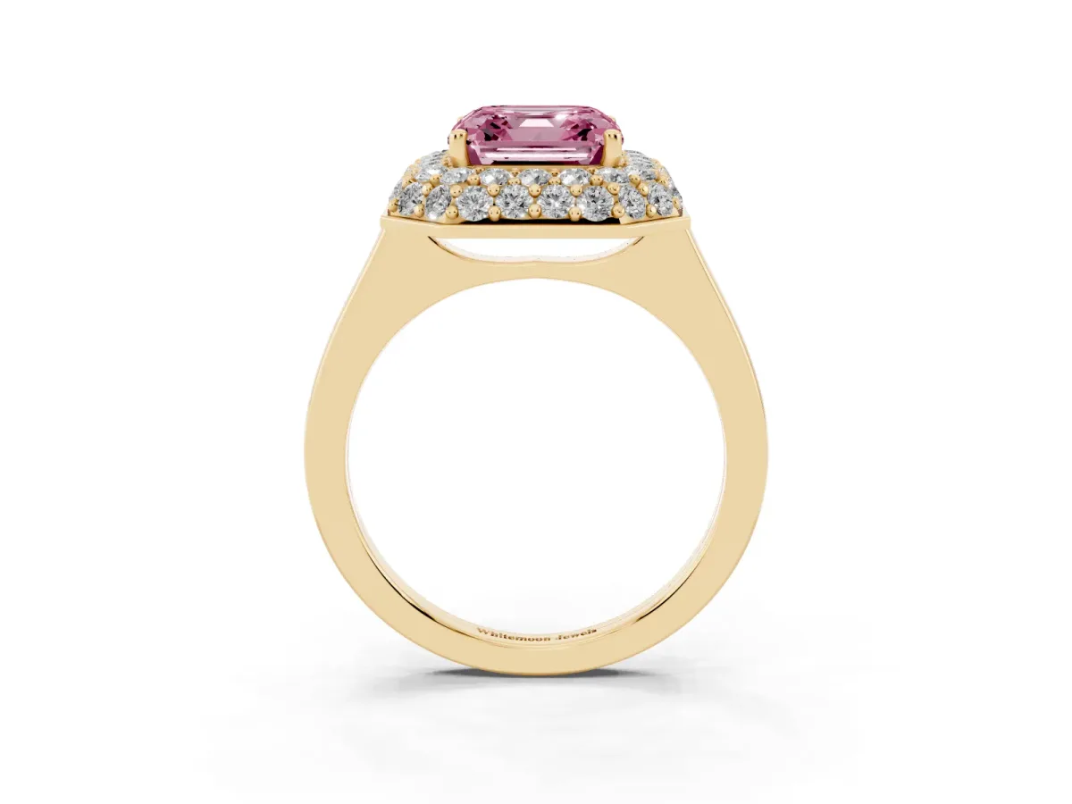 Fancy Pink Asscher Cut Halo Diamond Engagement Ring with Solitaire Band and Four-Prong Setting Yellow gold