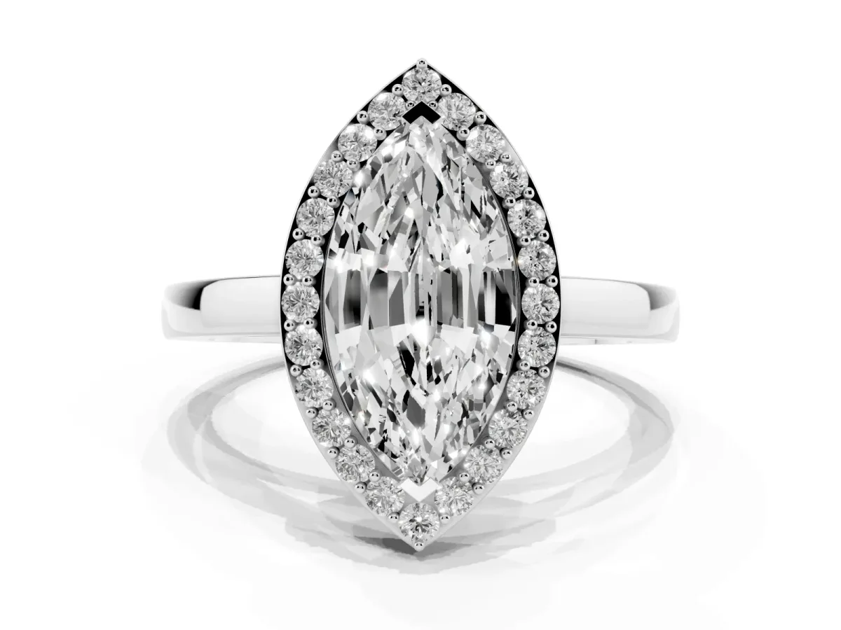 Marquise Cut Halo Diamond Ring with Solitaire Band and Prong Setting Silver