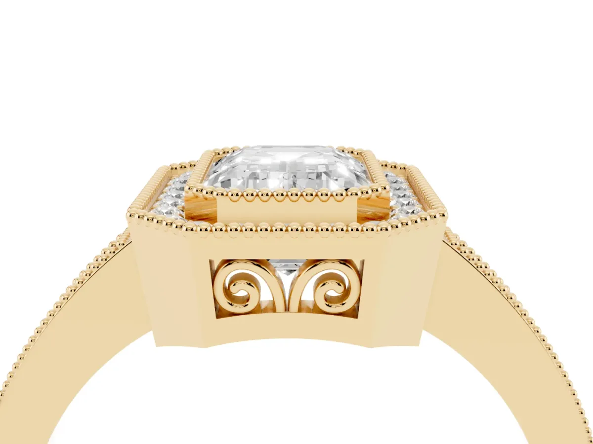 Emerald Cut Cut Halo Diamond Ring with Pavé Band and Milgrain Prong Setting Yellow gold