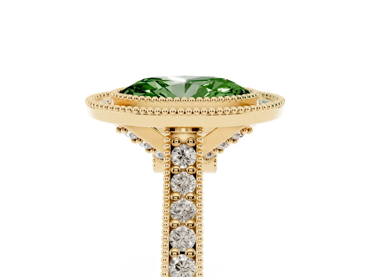 Fancy Green Halo Oval Cut-Cut Diamond Pave Band Milgrain Prong Setting Ring Yellow gold