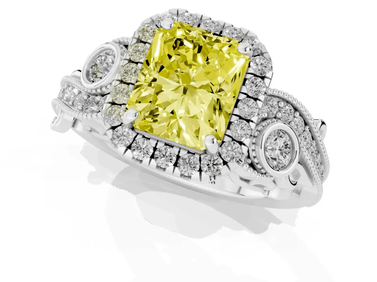 Fancy Yellow Radiant Cut Halo Diamond Ring with Milgrain and Bezel Accents on a Split Shank Band Silver