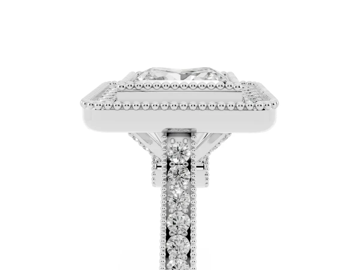 Princess Cut Diamond Halo Ring with Milgrain Frame and Pavé Band Platinum