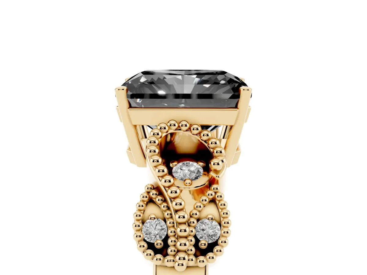 Fancy Black Radiant Cut Solitaire Milgrain Leaf Band with Prong Setting Yellow gold