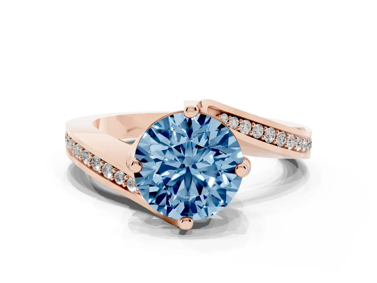 Fancy Blue Round Cut Solitaire Diamond Twist Band with Pavé Setting and Four-Prong Setting Rose gold