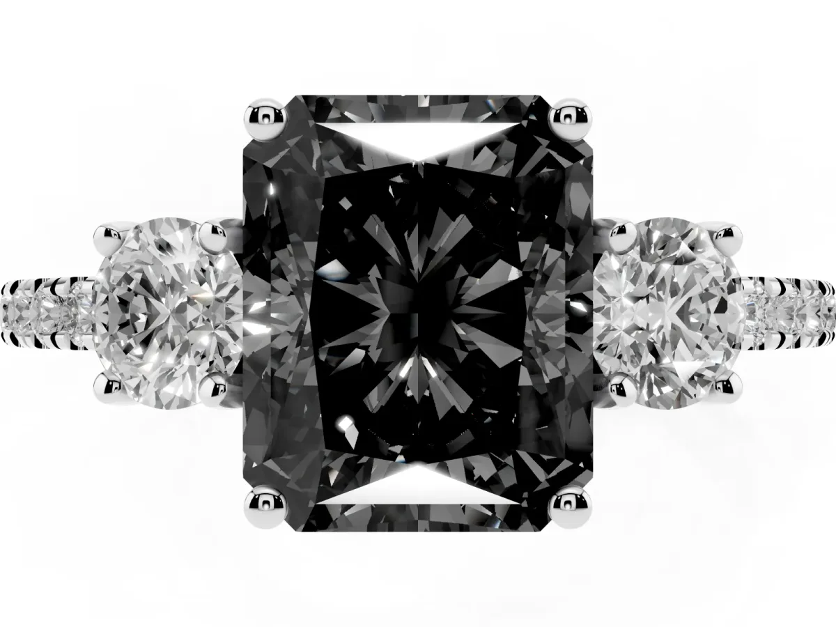 Fancy Black Three-Stone Radiant Cut Cut Diamond Pavé Band with Prong Setting Silver