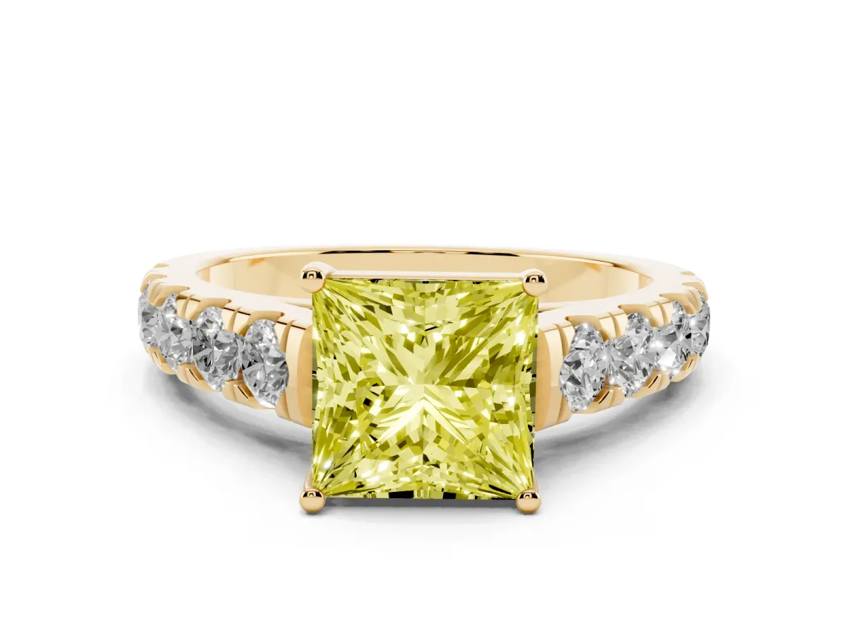 Fancy Yellow Princess Cut Cut Diamond Solitaire Ring with Micro Pave Band and Prong Setting Yellow gold