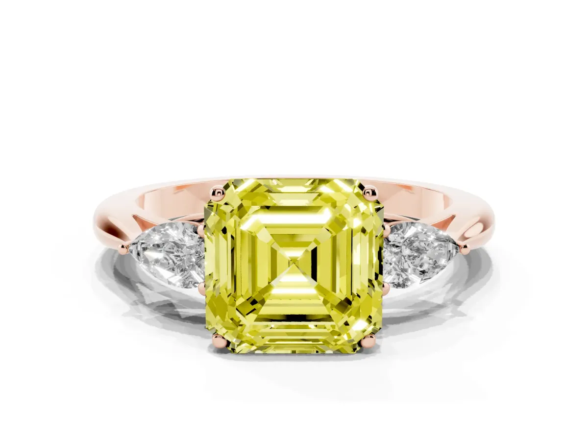 Fancy Yellow Three-Stone Asscher Cut Diamond Ring with Pear Side Stones in Four-Prong Setting Rose gold