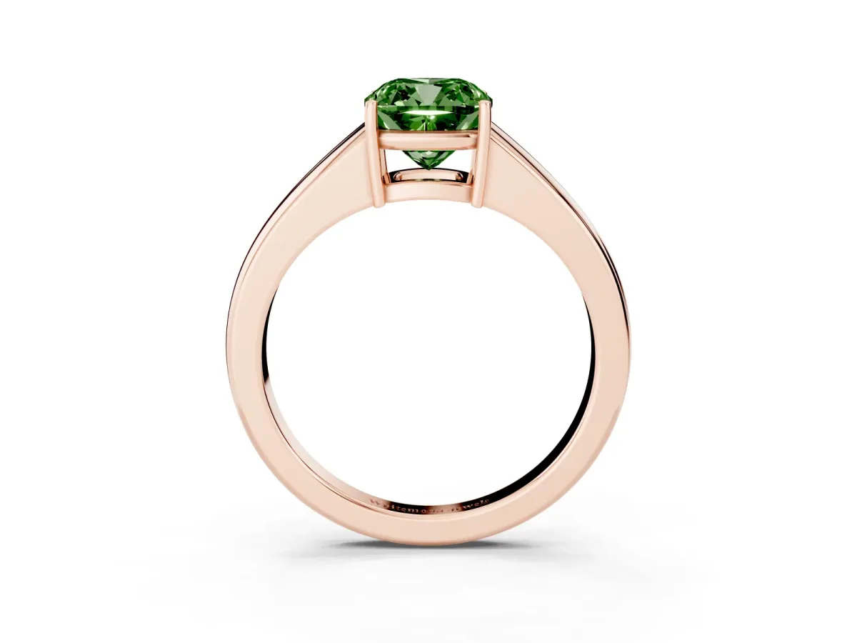 Fancy Green Cushion Cut Solitaire Diamond Ring with Tapered Band and Four-Prong Setting Rose gold