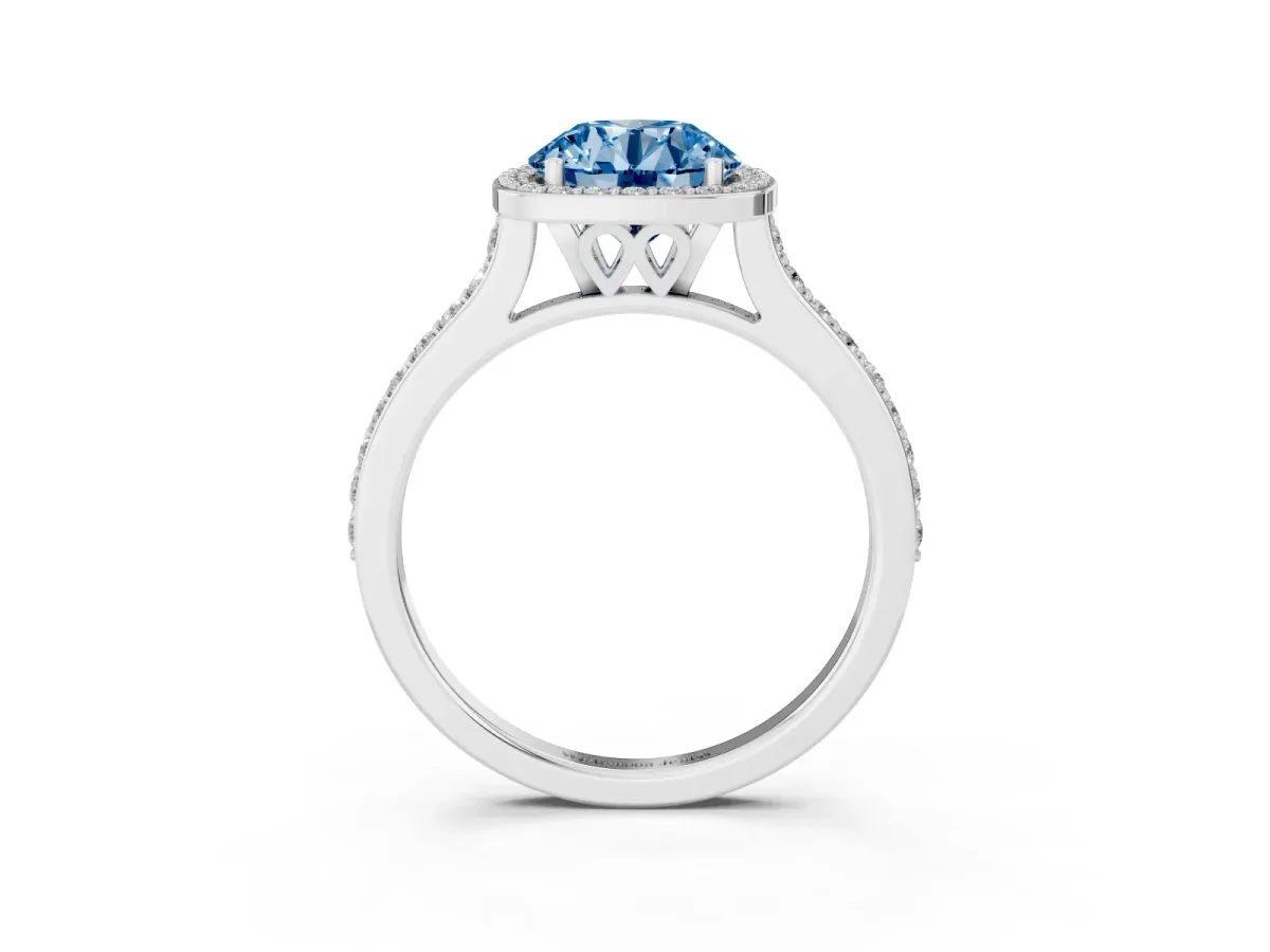 Fancy Blue Round Cut Diamond Halo Engagement Ring with Round Pavé Shoulders and Prong Setting Platinum
