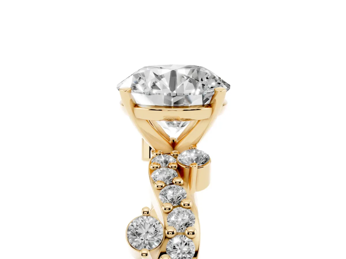 Round Cut Cut Solitaire Diamond Twisted Band with Pave Setting Yellow gold