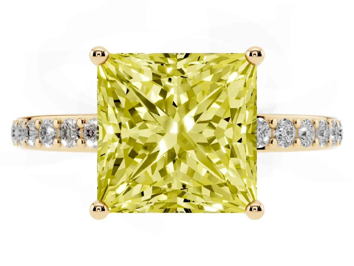Fancy Yellow Princess Cut Cut Diamond Pavé Band Ring with Four-Prong Setting Yellow gold