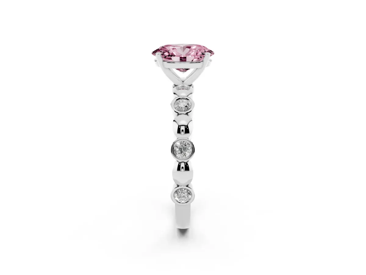 Fancy Pink Oval Cut Solitaire Bezel-Set Diamond Ring with Beaded Band and Four-Prong Setting Silver