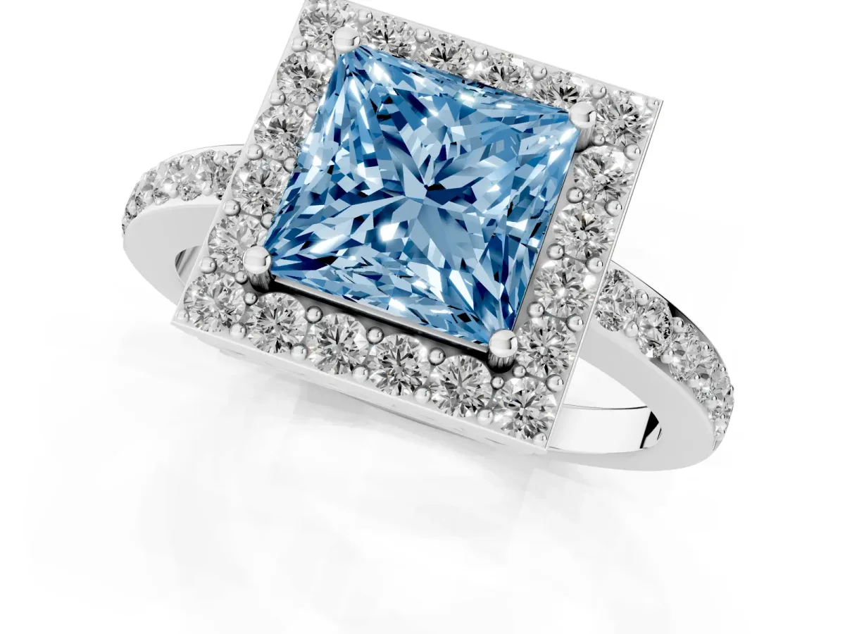 Fancy Blue Princess Cut Halo Diamond Pavé Band Ring with Prong Setting Silver