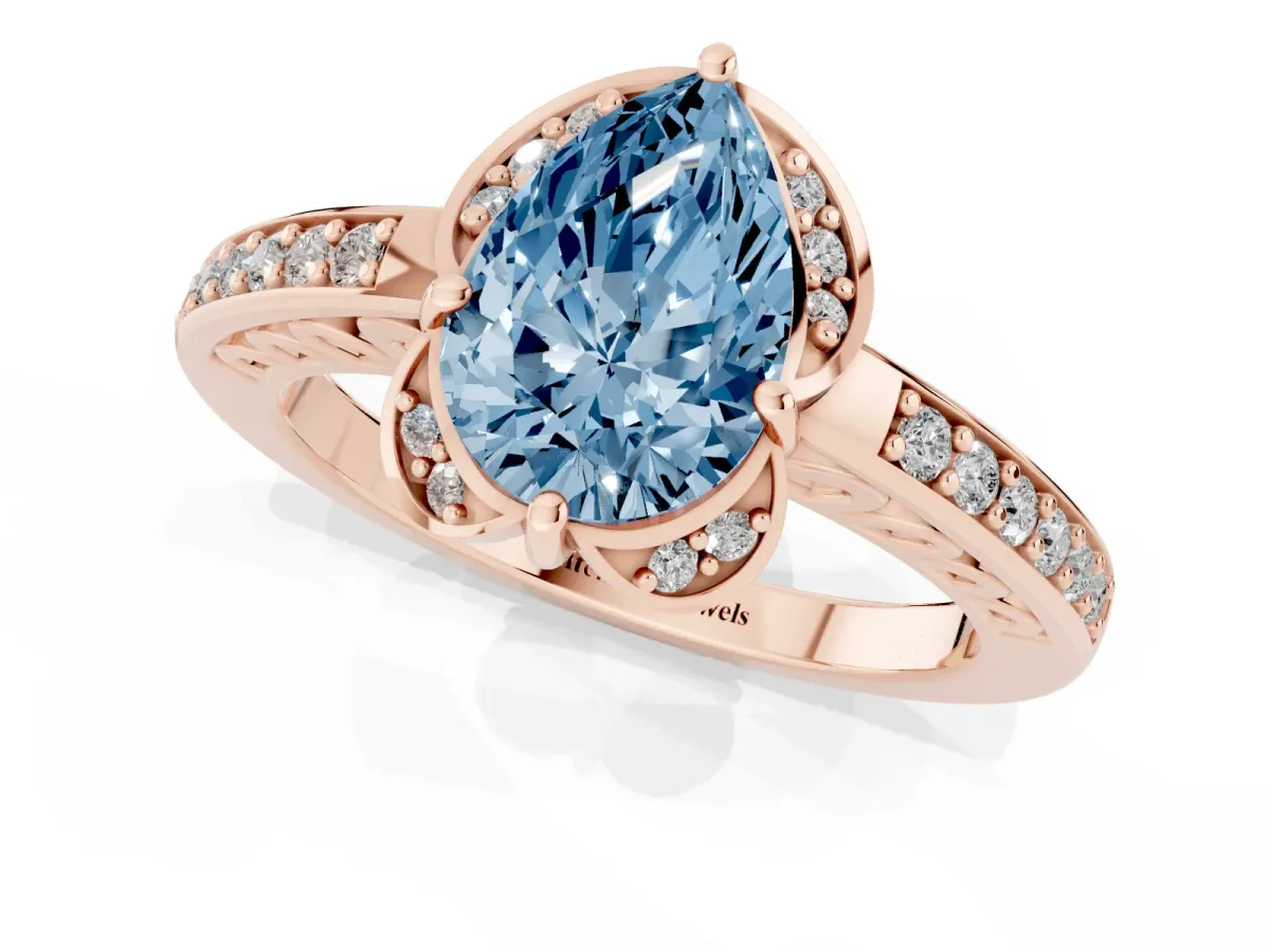 Fancy Blue Pear Cut Cut Halo Diamond Ring with Channel Set Band and Four-Prong Setting Rose gold