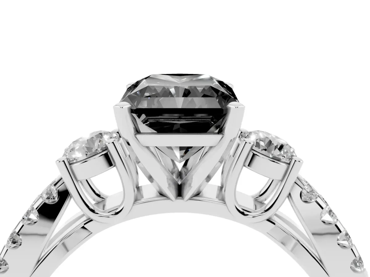 Fancy Black Radiant Cut Diamond Three-Stone Ring with Pavé Split Shank and Four-Prong Setting Silver