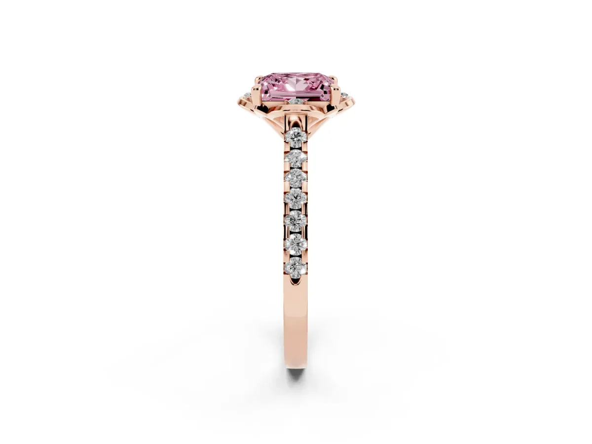 Fancy Pink Princess Cut Diamond Ring with Pavé Band and Floral Prong Setting Rose gold