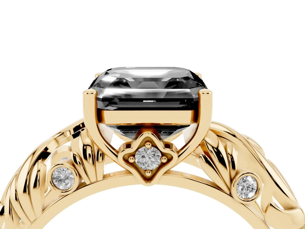 Fancy Black Asscher Cut Solitaire Diamond Leaf-Inspired Vine Band Ring with Prong Setting Yellow gold