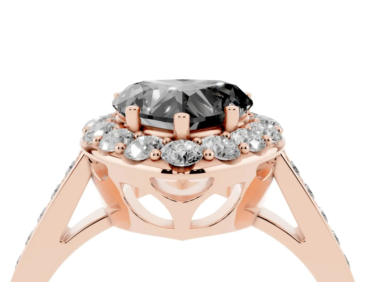 Fancy Black Heart Cut Diamond Floral Halo Ring with Pavé Band and Prong Setting Rose gold