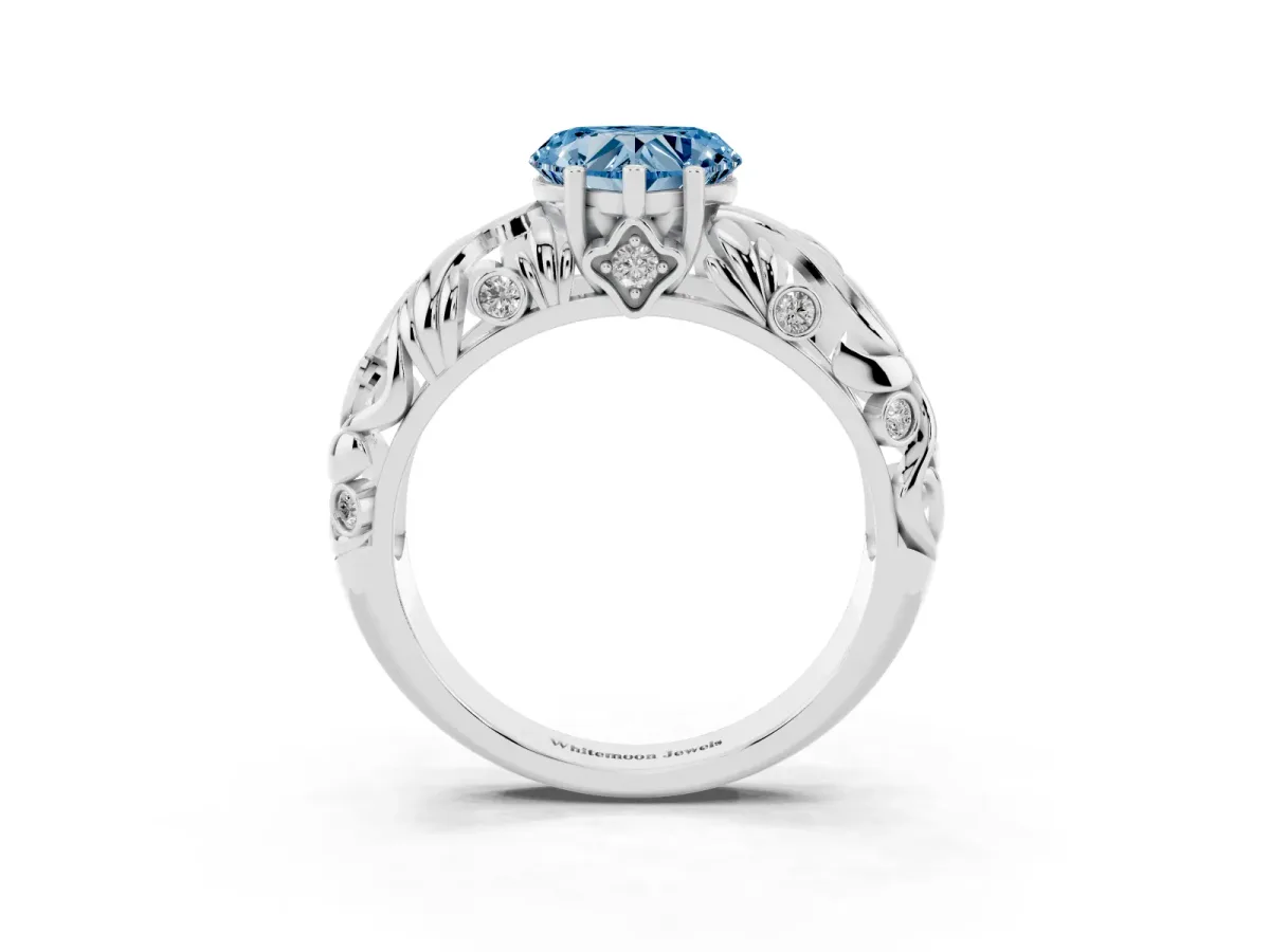 Fancy Blue Heart Cut Solitaire Diamond Leaf-Inspired Vine Band Ring with Prong Setting White gold