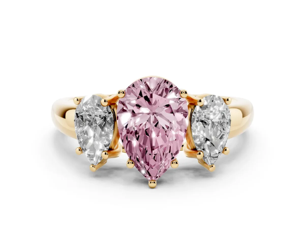 Fancy Pink Three-Stone Pear Cut Diamond Engagement Ring with Prong Setting Yellow gold