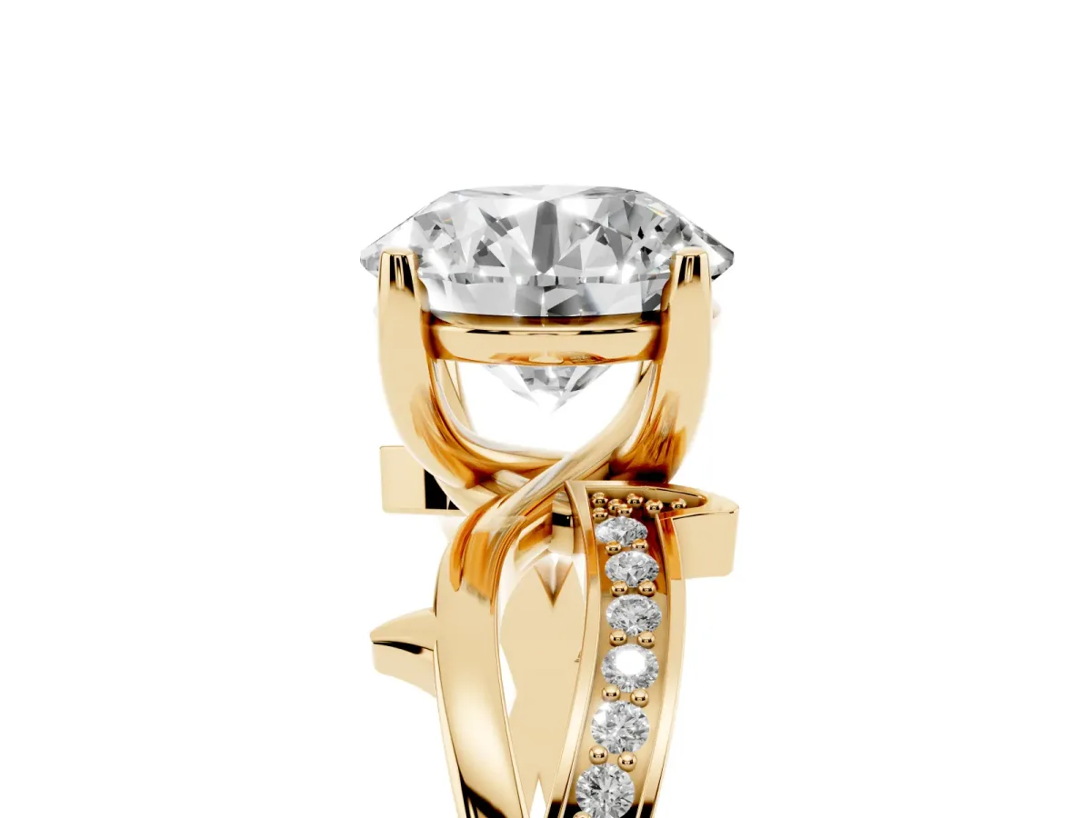 Round Cut Solitaire Twist Band with Pavé Accents and Four-Prong Setting Yellow gold