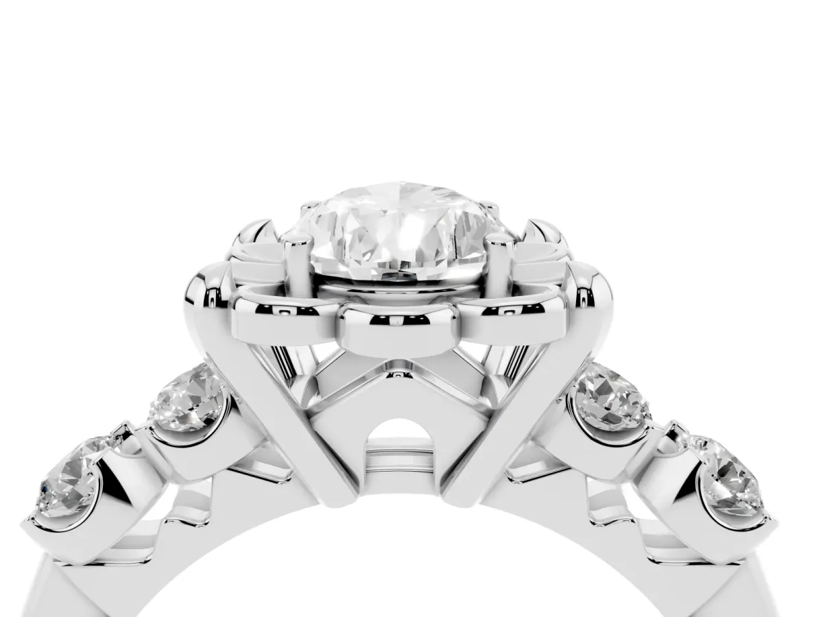 Pear Cut Cut Diamond Floral Halo Engagement Ring with Shared Prong Setting Silver