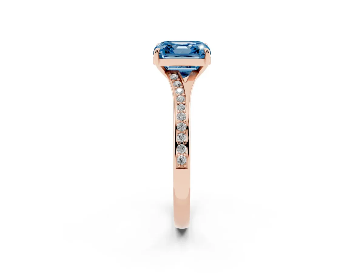 Fancy Blue Asscher Cut Diamond Solitaire Ring with Pavé Band and Prong Setting Rose gold