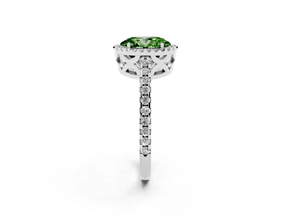 Fancy Green Oval Cut Diamond Halo Engagement Ring with Pavé Band and Prong Setting Platinum