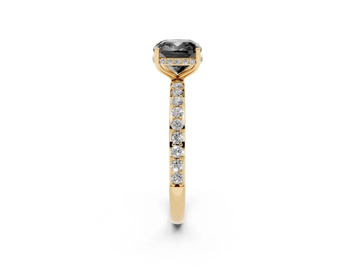 Fancy Black Cushion Cut Diamond Solitaire Ring with Pavé Band and Hidden Halo Yellow gold