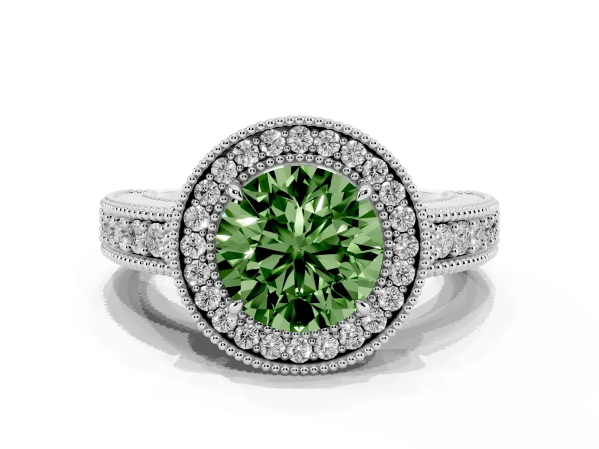 Fancy Green Round Cut Cut Halo Diamond Ring with Pavé Band and Four-Prong Setting Platinum
