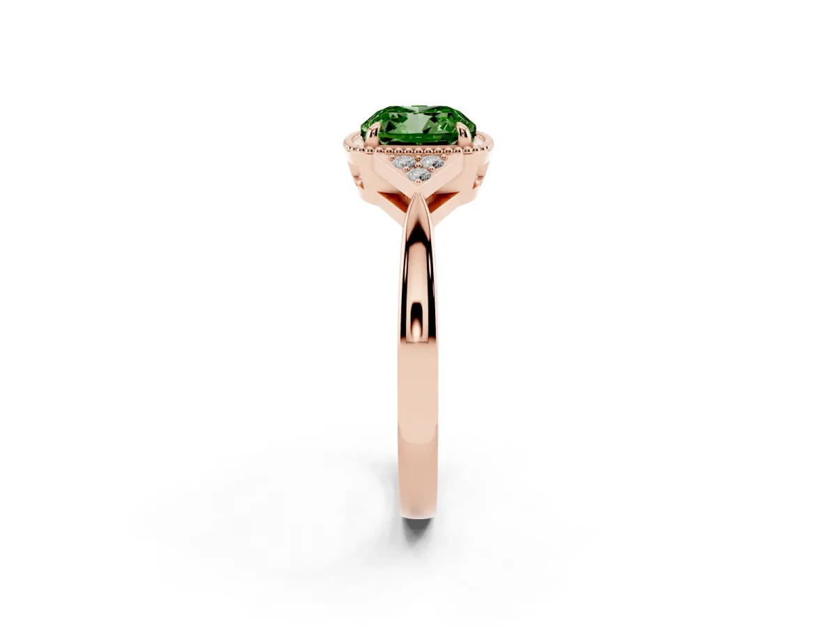 Fancy Green Hexagonal Halo Cushion Cut Diamond Solitaire with Pavé Band and Four-Prong Setting Rose gold