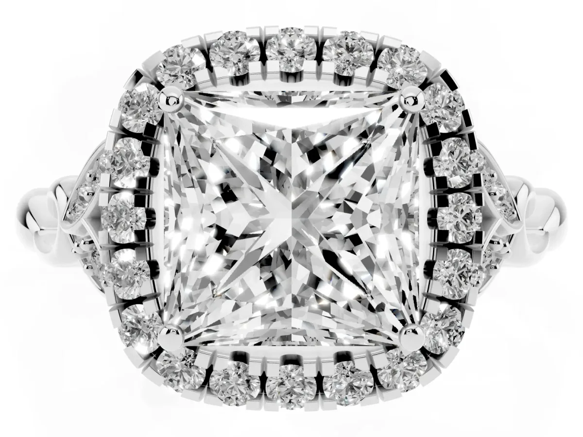 Princess Cut Halo Diamond Engagement Ring with Vintage-Inspired Band and Four-Prong Setting Silver