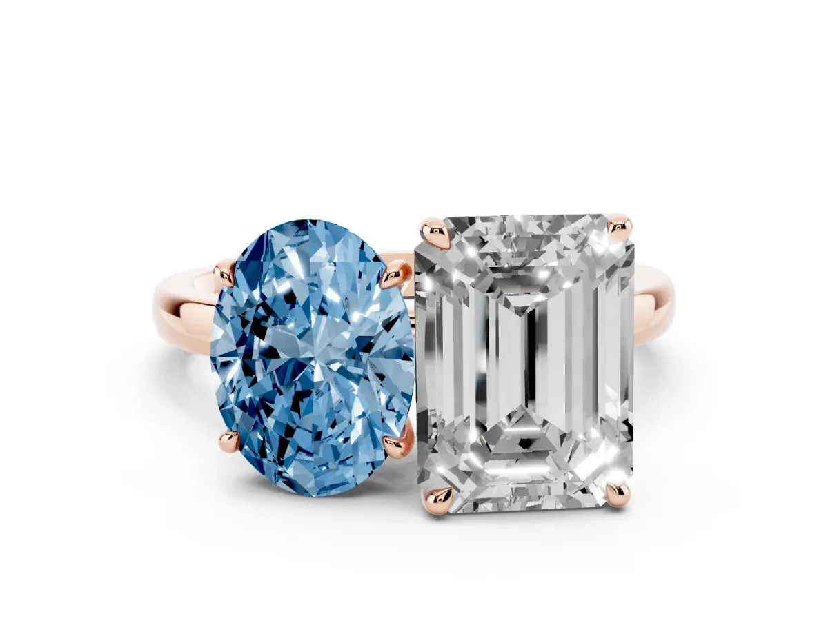 Fancy Blue Oval Cut and Emerald Cut Toi Moi Ring with Prong Setting Rose gold