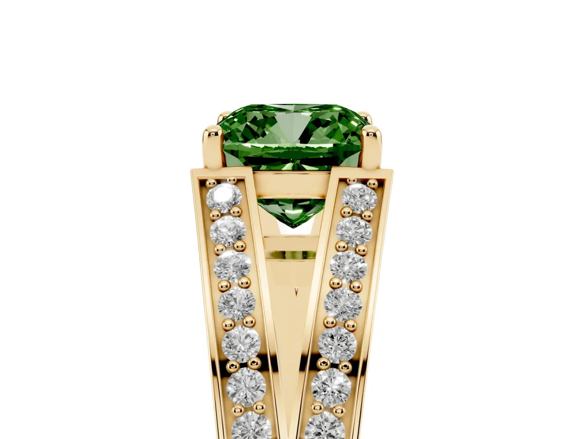 Fancy Green Cushion Cut Diamond Split Shank Ring with Pavé Band and Four-Prong Setting Yellow gold