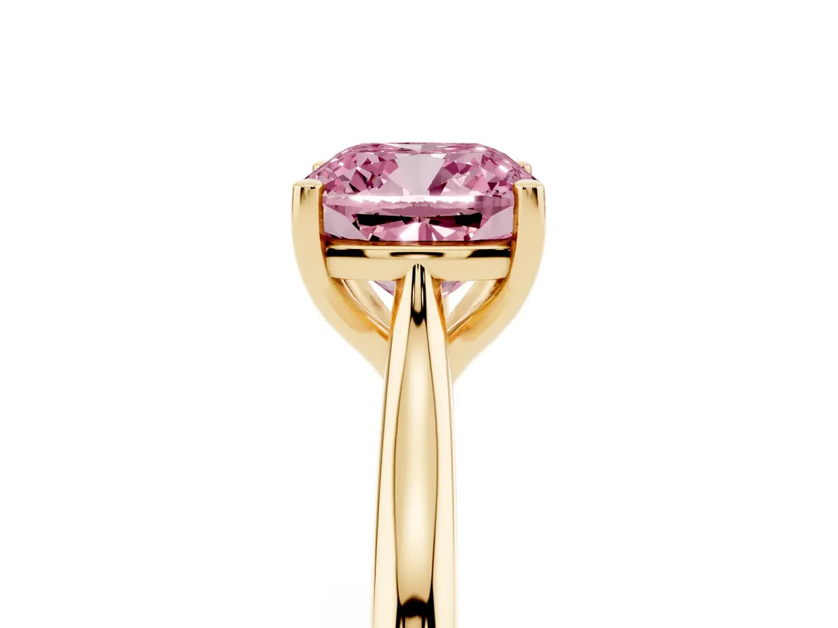 Fancy Pink Cushion Cut Cut Solitaire Ring with Cathedral Band and Four-Prong Setting Yellow gold
