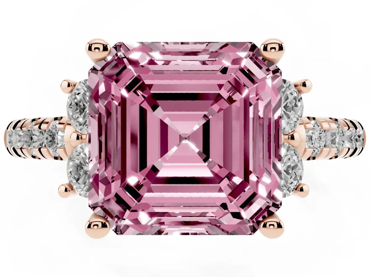 Fancy Pink Asscher Cut Diamond Three-Stone Pave Band with Four-Prong Setting Rose gold