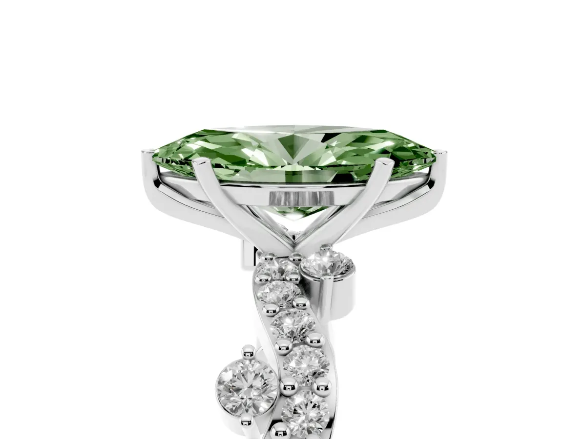 Fancy Green Marquise Cut Cut Solitaire Diamond Twisted Band with Pave Setting Silver
