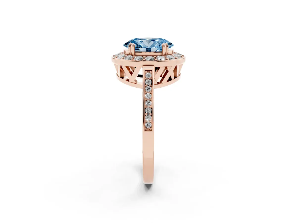 Fancy Blue Oval Cut Diamond Halo Ring with Split Shank and Four-Prong Setting Rose gold