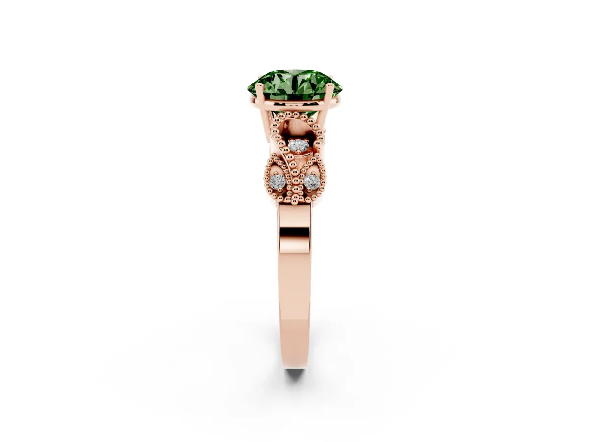 Fancy Green Round Cut Solitaire Milgrain Leaf Band with Prong Setting Rose gold