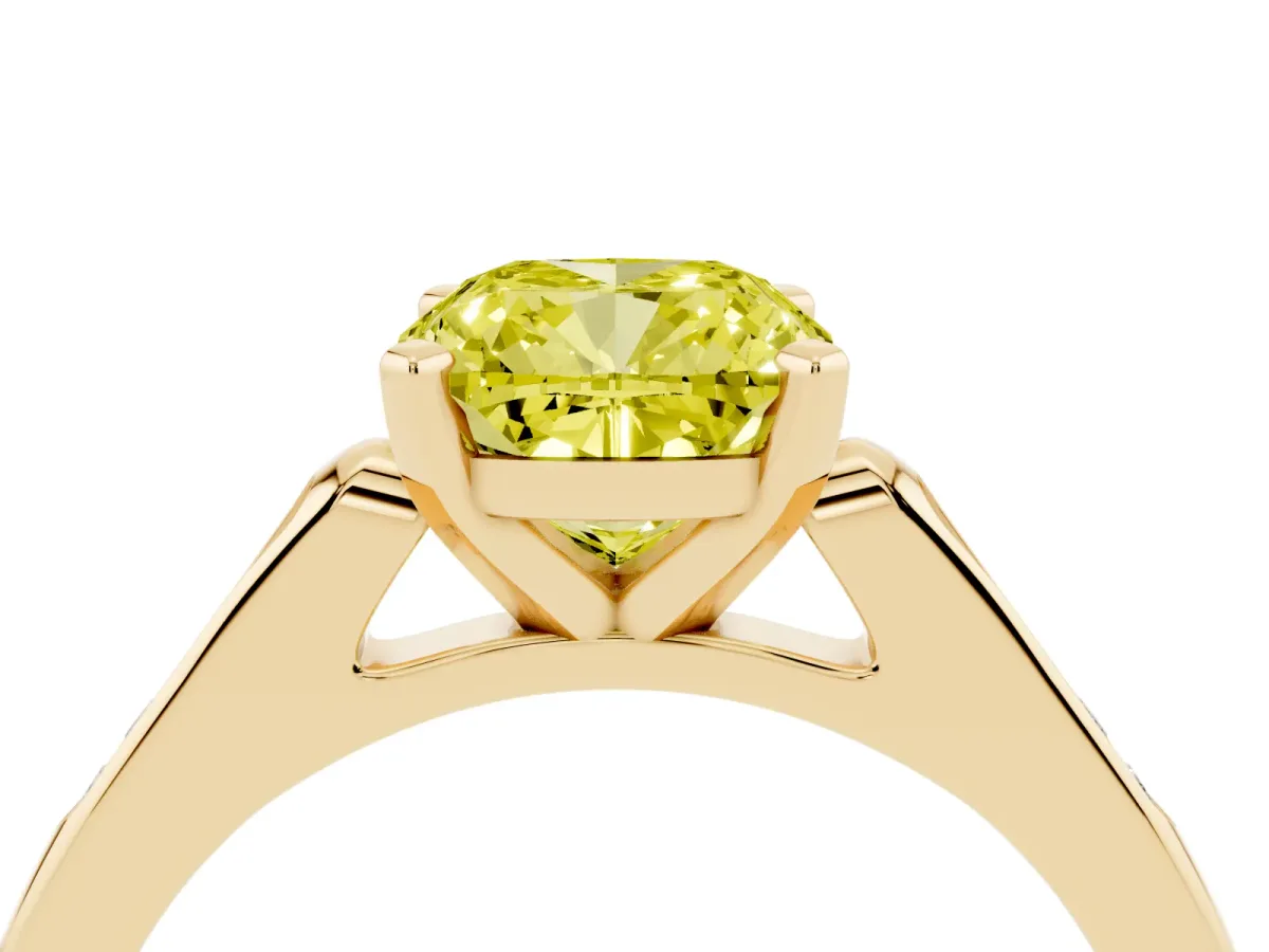 Fancy Yellow Cushion Cut Diamond Solitaire Ring with Channel Set Round Band and Prong Setting Yellow gold