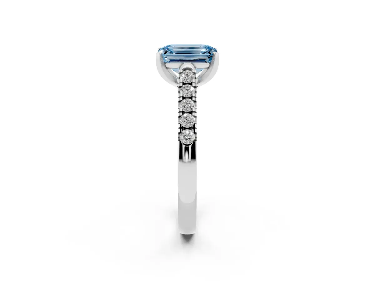 Fancy Blue Emerald Cut Diamond Pavé Band Solitaire Ring with Prong Setting Silver