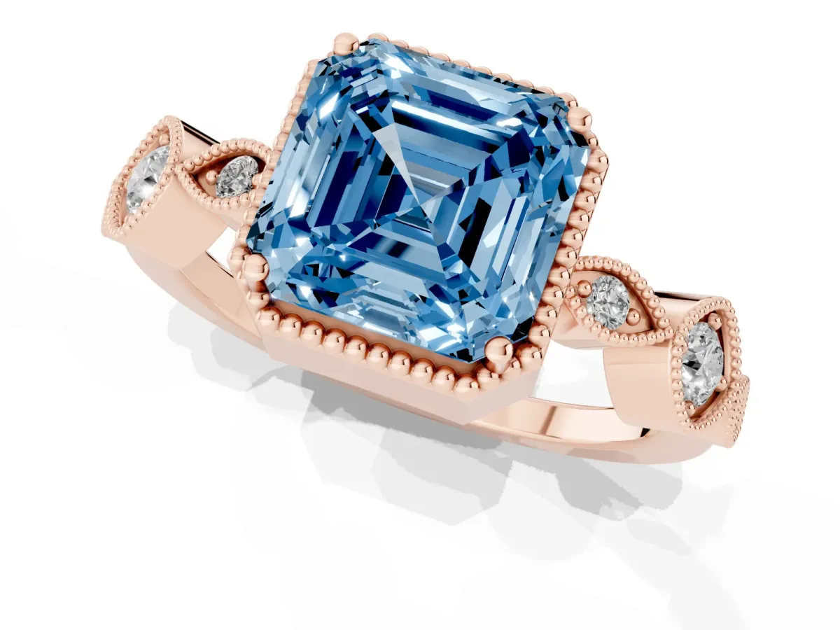 Fancy Blue Asscher Cut Diamond Vintage Milgrain Ring with Round Stations Rose gold