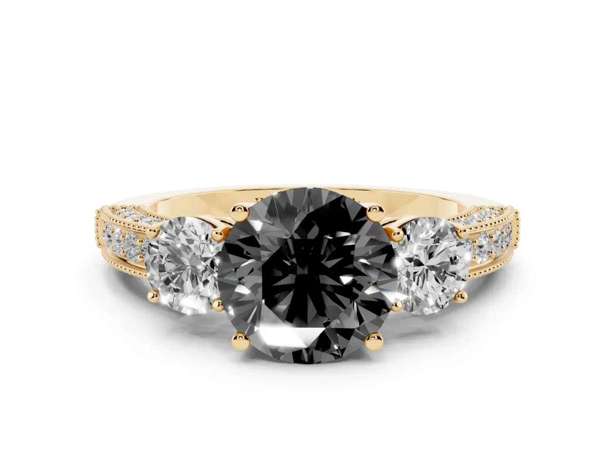 Fancy Black Round Cut Three-Stone Diamond Ring with Pavé Band and Four-Prong Setting Yellow gold