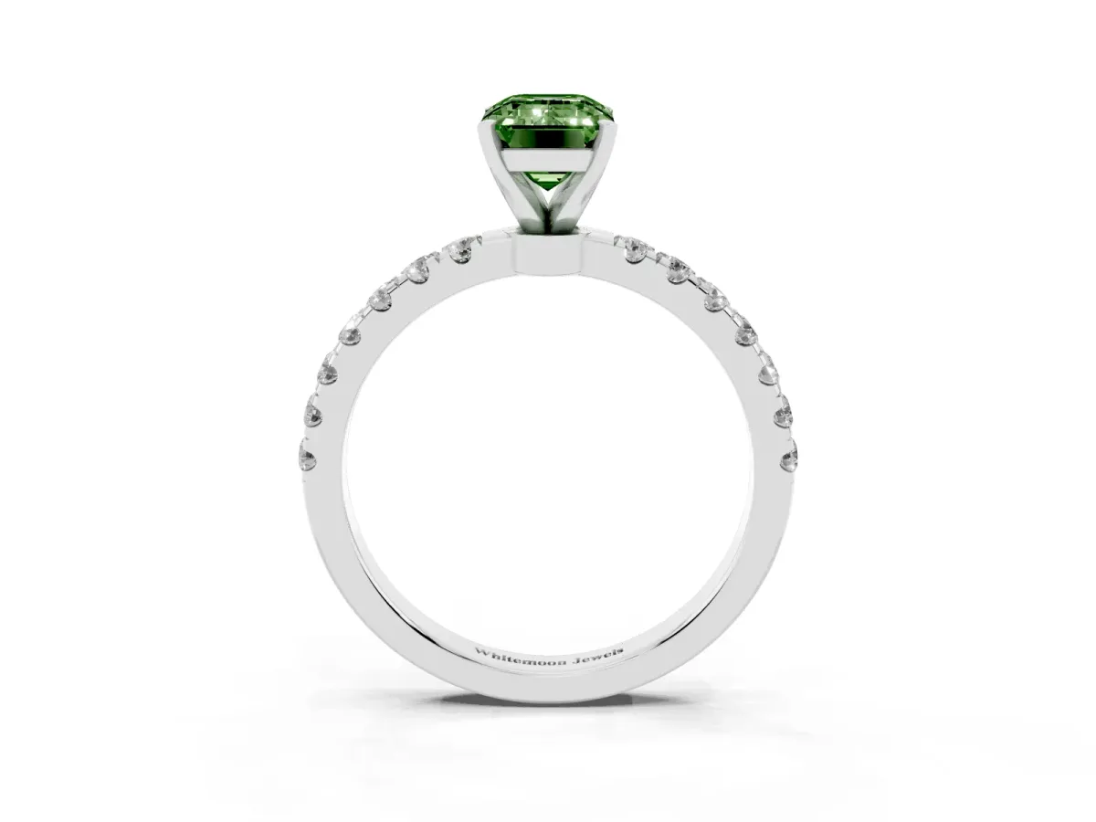 Fancy Green Emerald Cut Diamond Solitaire Ring with Pavé Accents and Four-Prong Setting Silver