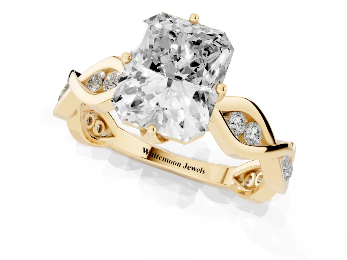 Radiant Cut Solitaire Twist Band with Leaf Prong Setting Yellow gold