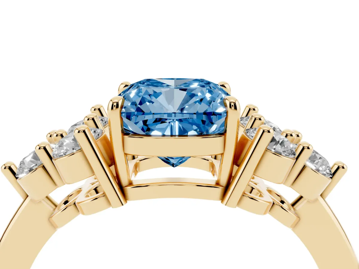 Fancy Blue Cushion Cut Brilliant Diamond Cluster Accent Solitaire Ring with Prong Setting Yellow gold