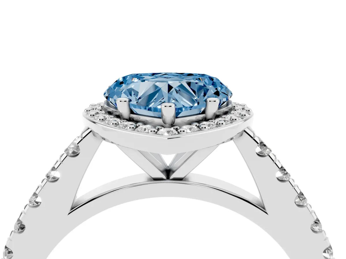 Fancy Blue Heart Cut Cut Halo Diamond Engagement Ring with Pave Band and Four-Prong Setting Silver