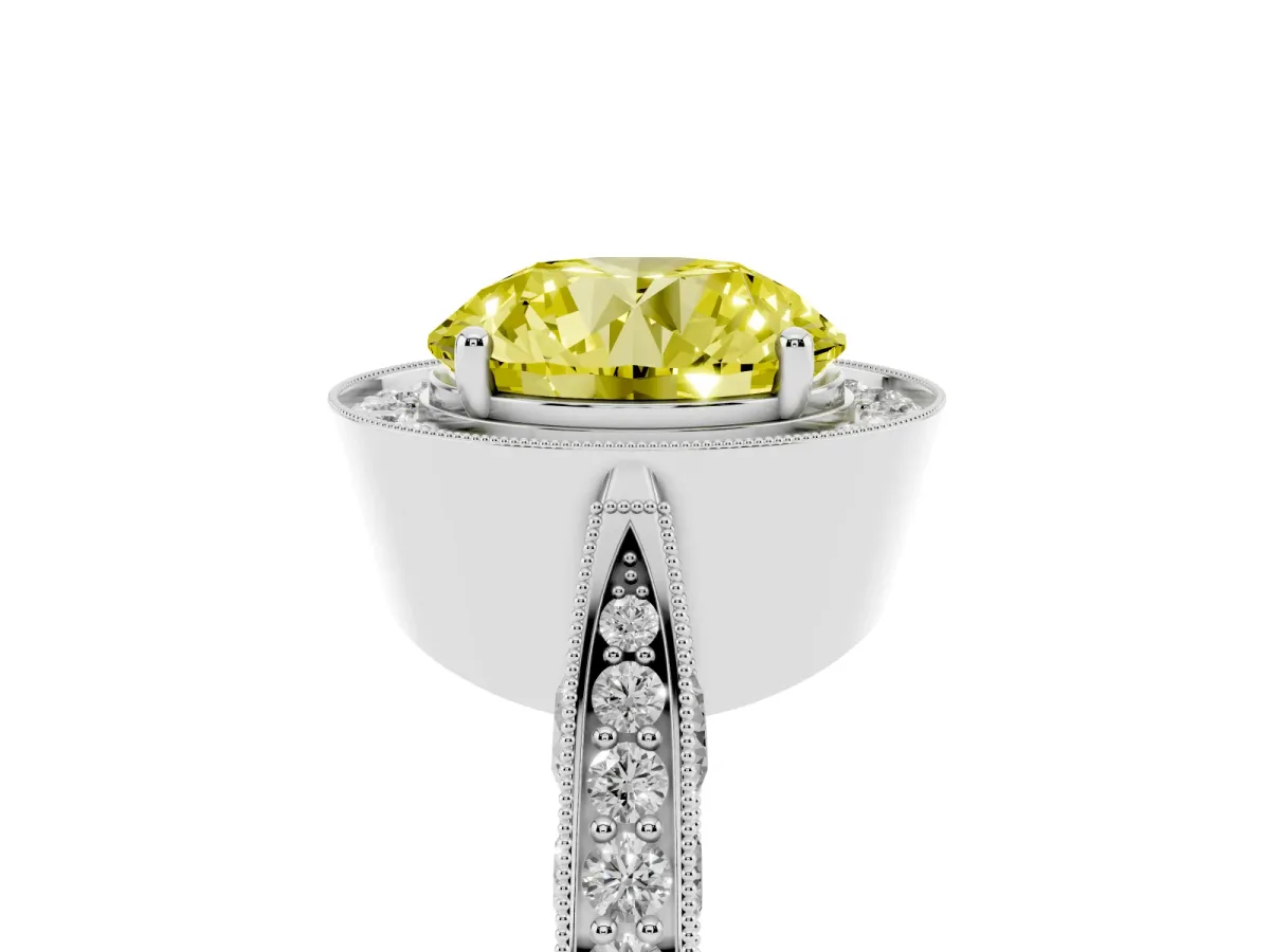 Fancy Yellow Round Cut Halo Diamond Engagement Ring with Split Shank Band and Four-Prong Setting Platinum